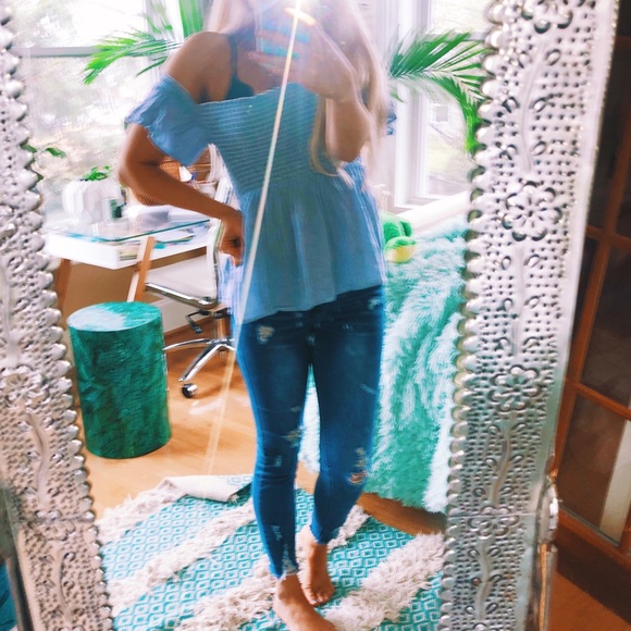 American Eagle Outfitters Tops - AE Lettuce Hem Pin Stripe Off Shoulder Top